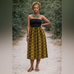 The African Star Cotton Yellow Printed Elastic Waist MIDI Primitive Boho Skirt